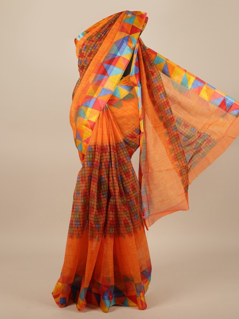 

Pothys Orange & Blue Geometric Printed Jute Silk Saree