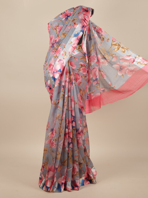 

Pothys Grey & Pink Floral Printed Jute Silk Saree