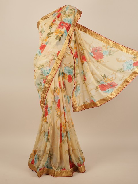 

Pothys Cream-Coloured & Gold-Toned Floral Printed Zari Saree