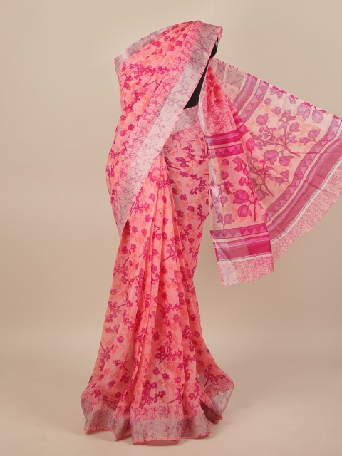 

Pothys Pink & Silver-Toned Floral Printed Zari Jute Silk Saree