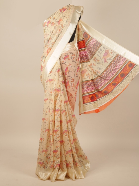 

Pothys Cream-Coloured & Orange Floral Printed Zari Jute Silk Saree