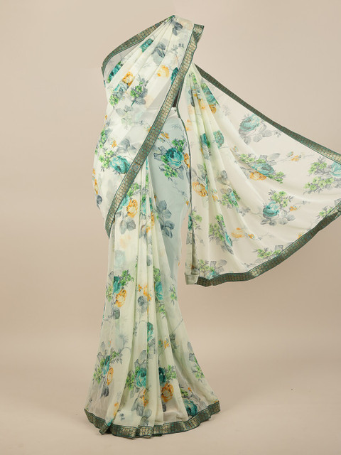 

Pothys Cream-Coloured & Green Floral Printed Saree