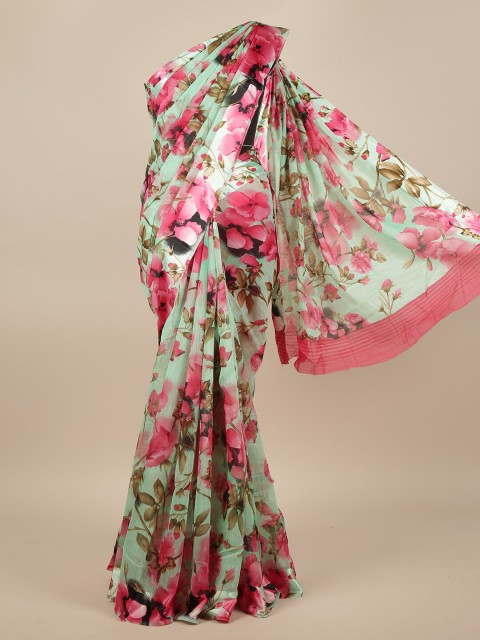 

Pothys Green & Pink Floral Printed Jute Silk Saree