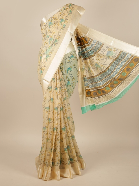 

Pothys Cream-Coloured & Blue Floral Printed Zari Jute Silk Saree