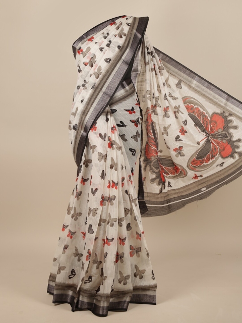 

Pothys White & Grey Printed Zari Jute Silk Saree