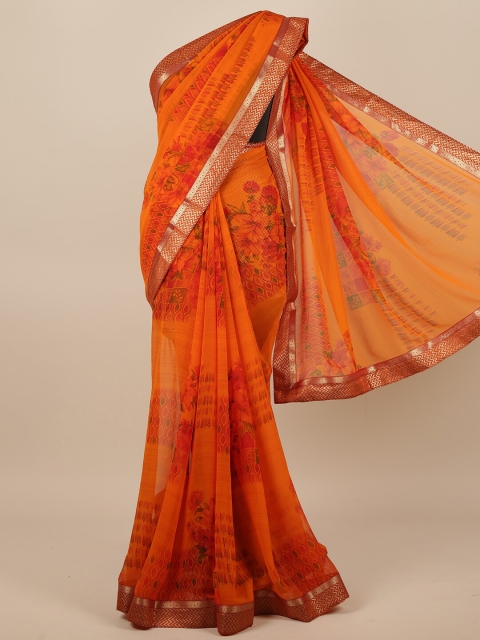 

Pothys Orange & Gold-Toned Floral Printed Saree