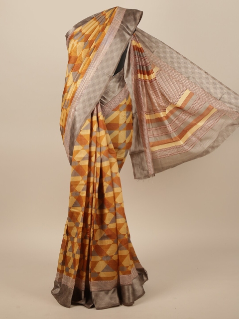 

Pothys Mustard Yellow & Brown Printed Jute Silk Saree