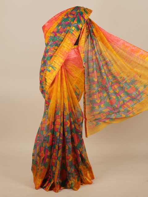 

Pothys Yellow & Turquoise Blue Printed Jute Silk Saree