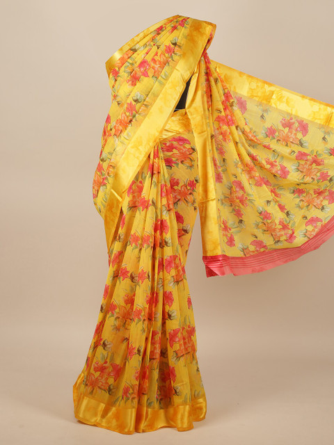 

Pothys Yellow & Red Floral Printed Jute Silk Saree