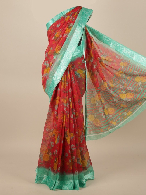 

Pothys Red & Sea Green Floral Printed Jute Silk Saree