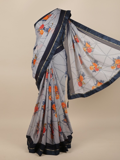 

Pothys Navy Blue & Grey Floral Printed Saree