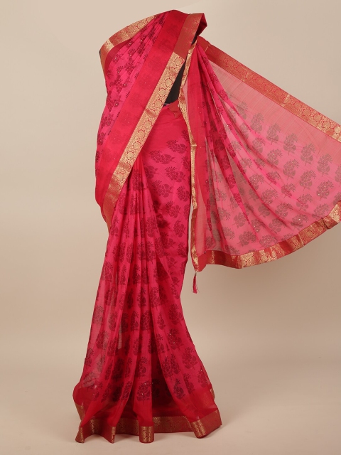 

Pothys Pink & Gold-Toned Floral Printed Zari Saree