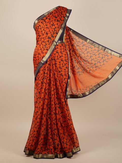 

Pothys Orange & Navy Blue Floral Printed Saree