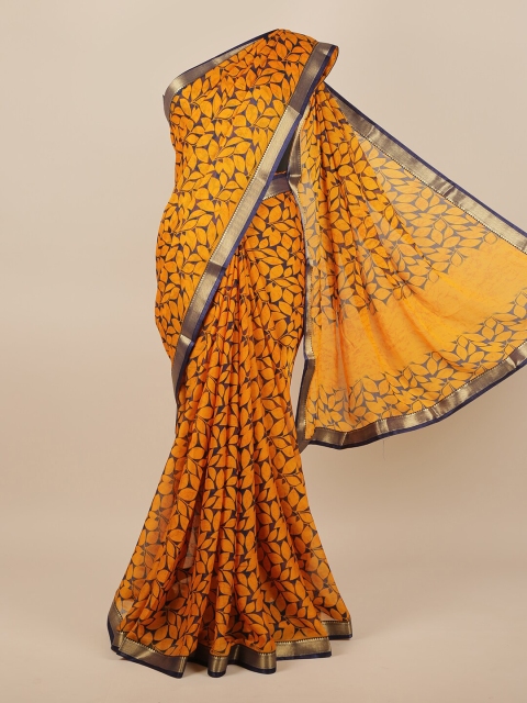 

Pothys Yellow & Navy Blue Floral Printed Zari Saree