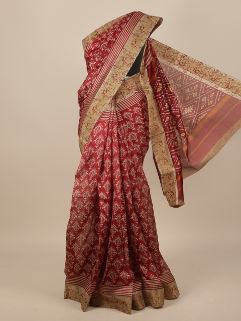 

Pothys Maroon & Tan Brown Floral Printed Jute Silk Saree