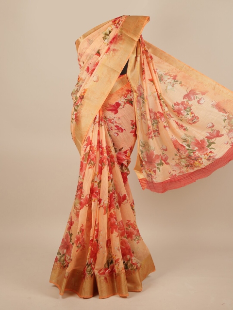 

Pothys Peach-Coloured & Red Floral Printed Zari Jute Silk Saree