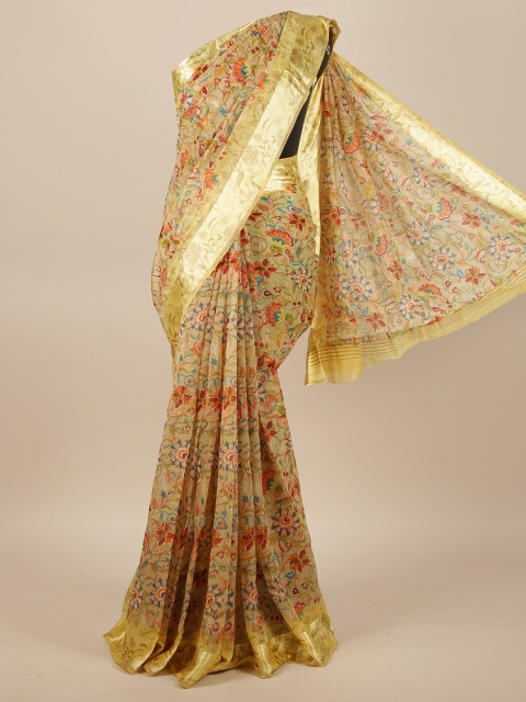 

Pothys Cream-Coloured & Red Floral Printed Jute Silk Saree