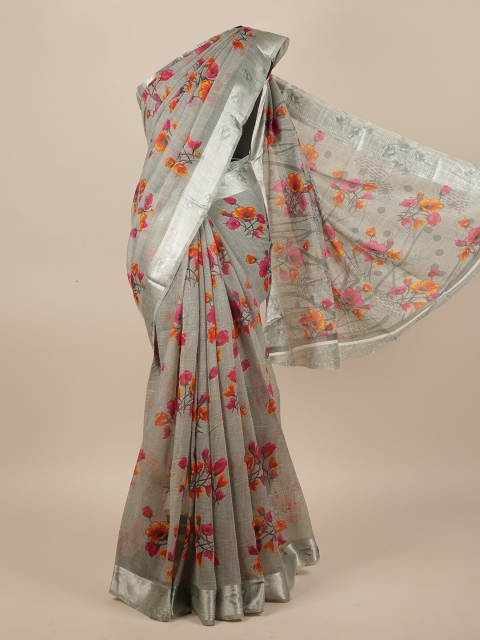 

Pothys Grey & Pink Floral Printed Zari Jute Silk Saree