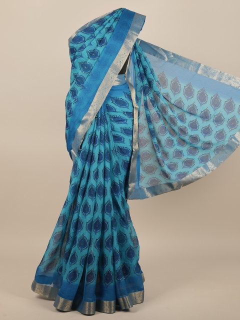 

Pothys Blue & Gold-Toned Ethnic Motifs Printed Zari Saree