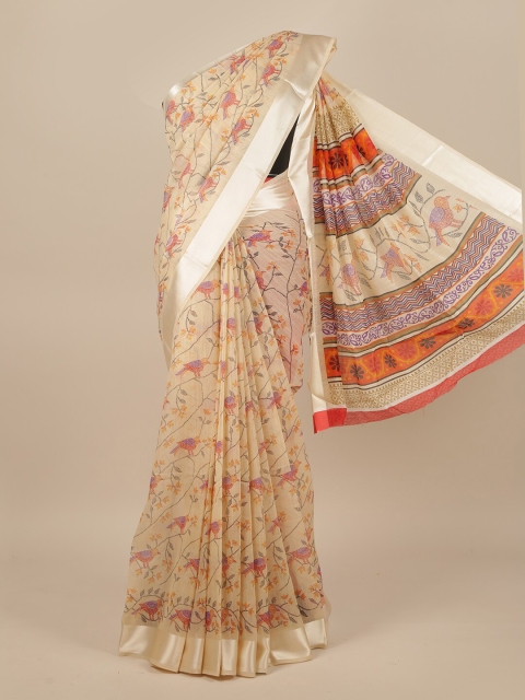 

Pothys Cream-Coloured & Orange Floral Printed Zari Jute Silk Saree