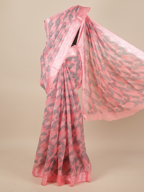 

Pothys Pink & Grey Printed Jute Silk Saree