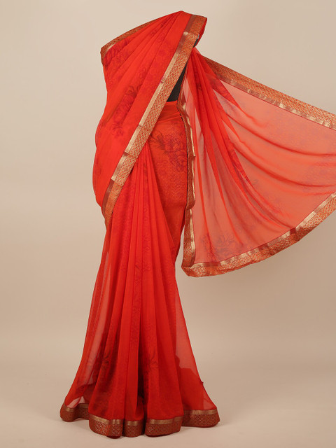 

Pothys Orange & Gold-Toned Floral Printed Saree