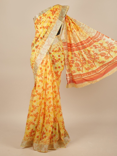 

Pothys Yellow & Red Floral Printed Jute Silk Saree