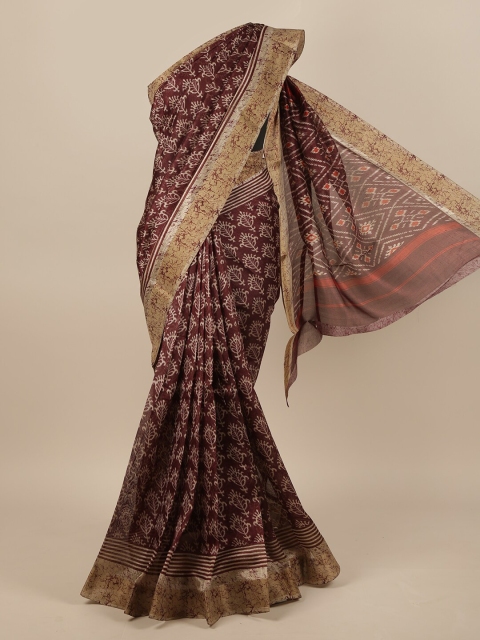 

Pothys Brown & Gold-Toned Floral Printed Jute Silk Saree