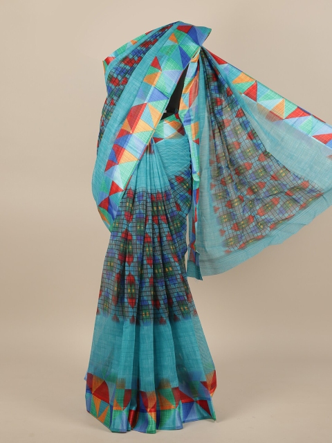 

Pothys Blue & Red Geometric Printed Jute Silk Saree