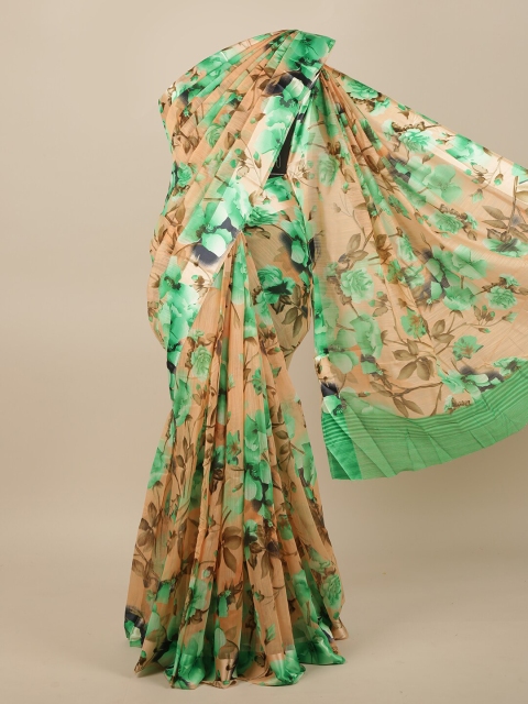 

Pothys Peach-Coloured & Green Floral Printed Jute Silk Saree