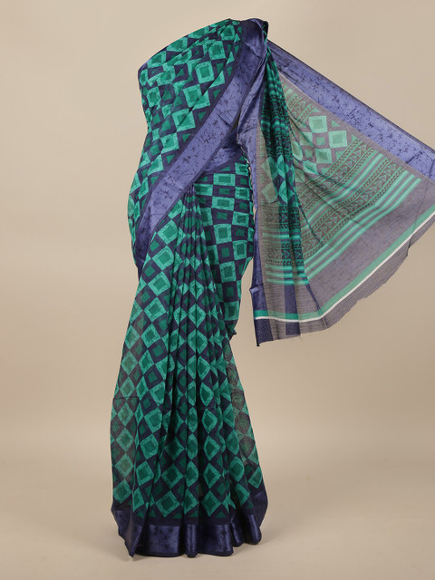 

Pothys Green & Navy Blue Printed Jute Silk Saree