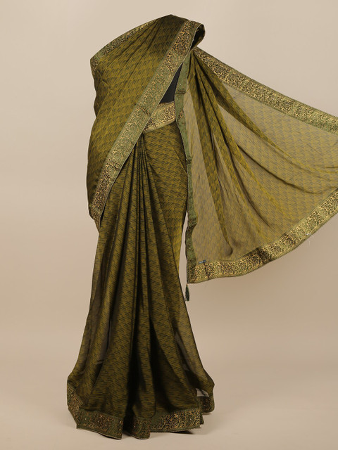 

Pothys Green & Gold-Toned Printed Beads & Stones Saree