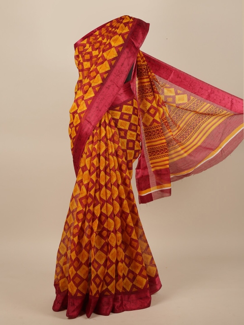 

Pothys Yellow & Magenta Pink Printed Jute Silk Saree