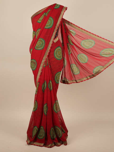 

Pothys Red & Green Bandhani Printed Saree