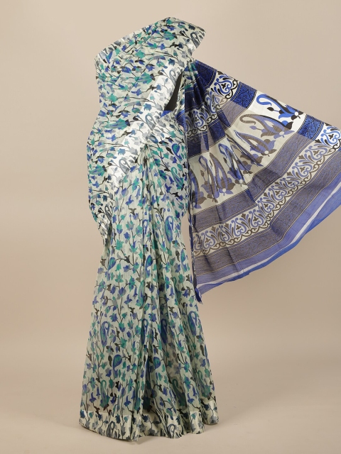 

Pothys Cream-Coloured & Blue Floral Printed Jute Silk Saree