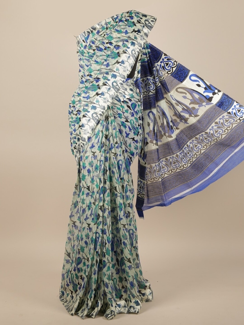 

Pothys Cream-Coloured & Blue Floral Printed Jute Silk Saree