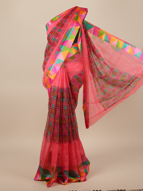 

Pothys Pink & Green Printed Jute Silk Saree