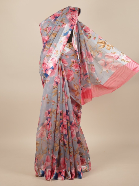 

Pothys Grey & Pink Floral Printed Jute Silk Saree
