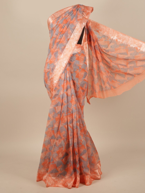 

Pothys Peach-Coloured & Grey Printed Jute Silk Saree