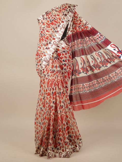

Pothys Cream-Coloured & Red Floral Printed Jute Silk Saree