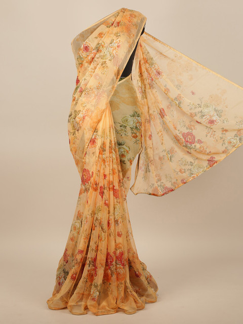 

Pothys Peach-Coloured & Green Floral Printed Saree