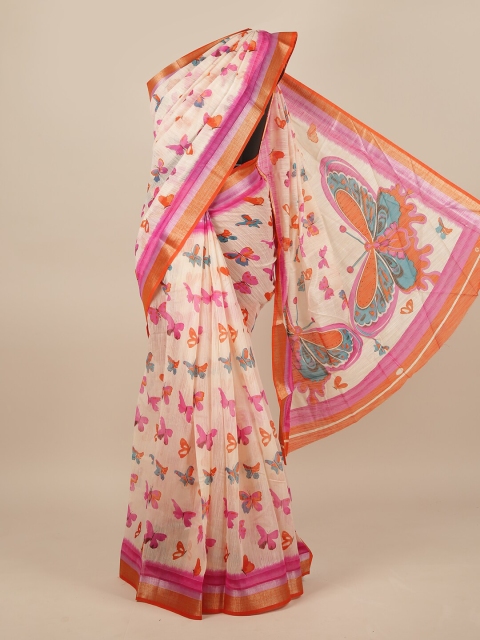 

Pothys Cream-Coloured & Pink Floral Printed Zari Jute Silk Saree