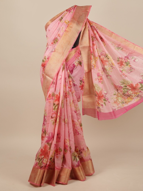 

Pothys Pink & Green Floral Printed Zari Jute Silk Saree