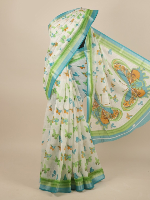 

Pothys Cream-Coloured & Green Floral Printed Zari Jute Silk Saree