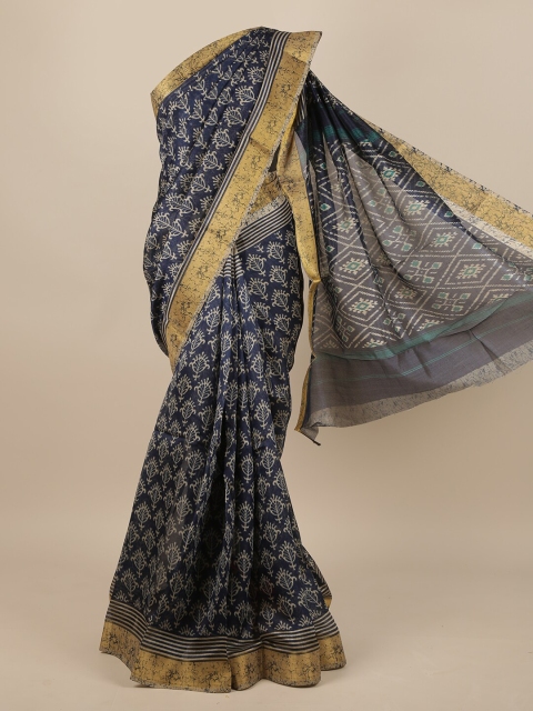 

Pothys Navy Blue & Gold-Toned Floral Printed Jute Silk Saree