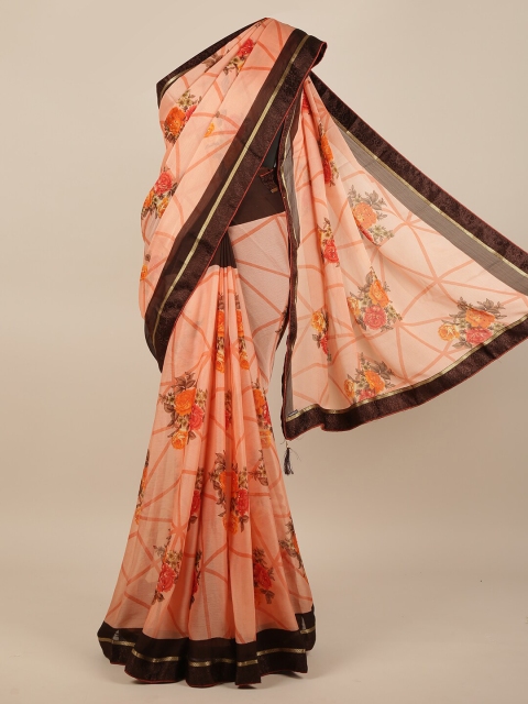 

Pothys Peach-Coloured & Brown Floral Printed Saree