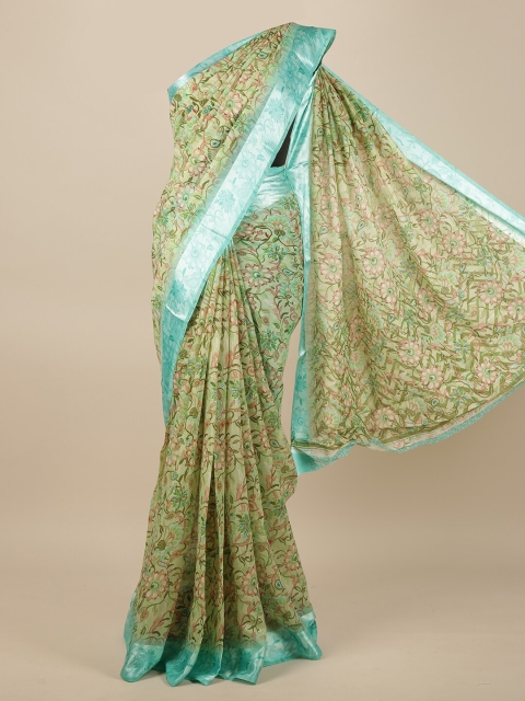 

Pothys Green & Turquoise Blue Floral Printed Jute Silk Saree