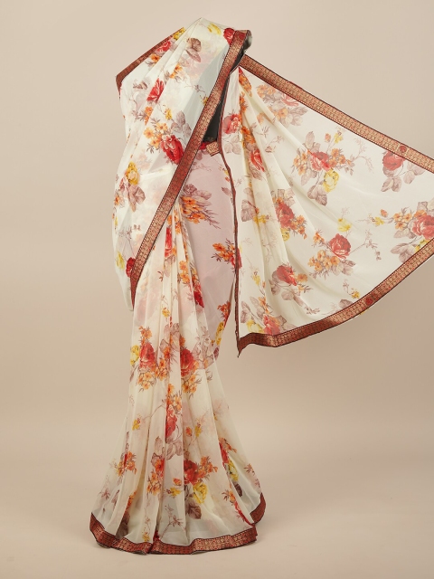 

Pothys Cream-Coloured & Red Floral Printed Saree