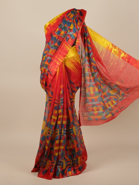 

Pothys Red & Blue Printed Jute Silk Saree