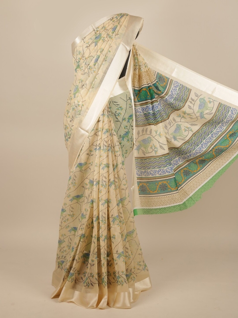 

Pothys Cream-Coloured & Green Floral Jute Silk Saree